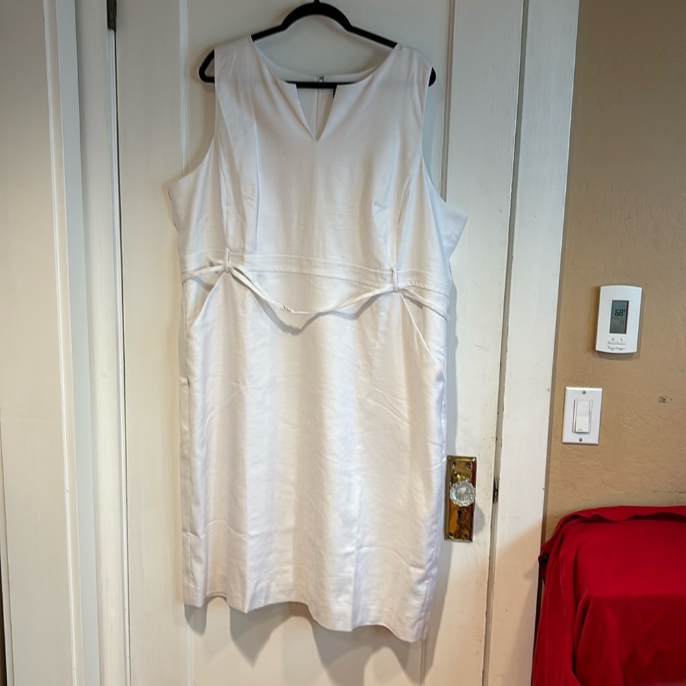 J.Crew 3X white linen poly elastine midi shift dress w/self belt front pockets
